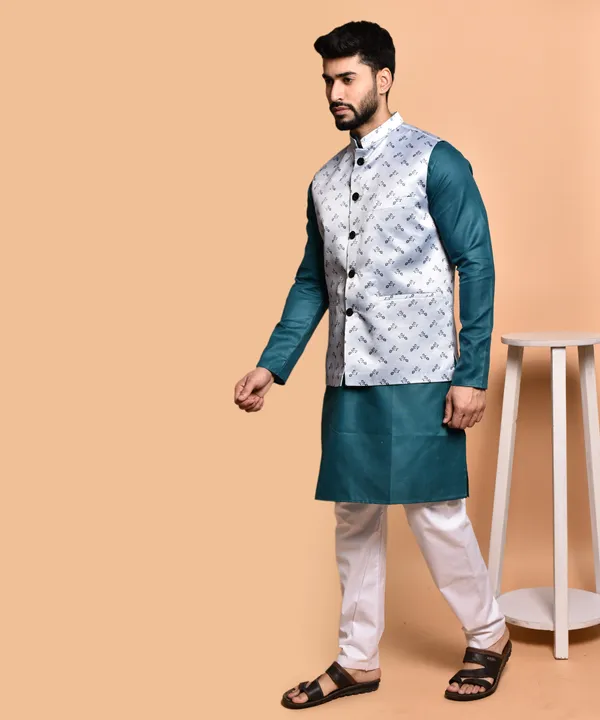 Men's_Ethnic_Nehru_Jacket_Set_-_Teal_Kurta_With_Grey_Printed_Waistcoat