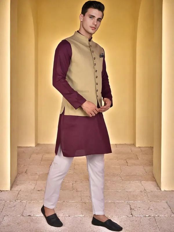 Beige_Nehru_Jacket_With_Maroon_Kurta_Pajama_Set_For_Men