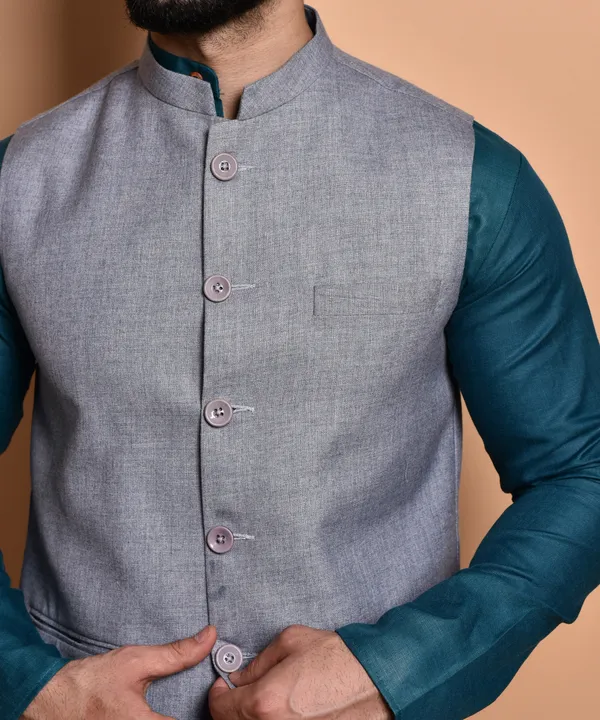 Grey_Linen_Nehru_Jacket_With_Teal_Kurta_Set_For_Men