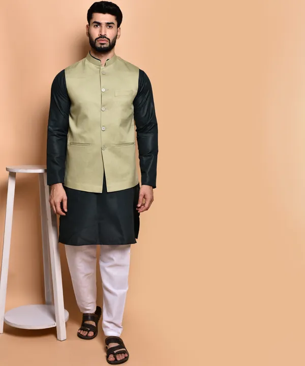Men's_Ethnic_Nehru_Jacket_With_Kurta_Pajama_Set_-_Pista_Green_&_Black