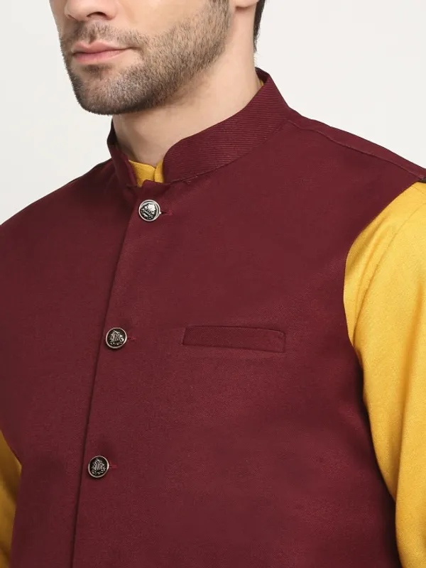 Men's_Ethnic_Kurta_Pajama_With_Nehru_Jacket_Set_-_Mustard_Yellow_And_Maroon