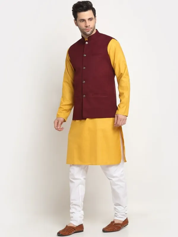 Men's_Ethnic_Kurta_Pajama_With_Nehru_Jacket_Set_-_Mustard_Yellow_And_Maroon