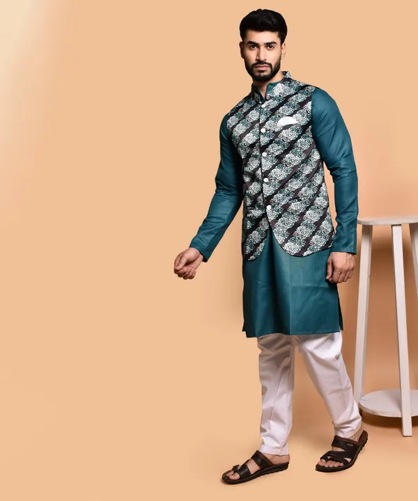 Men's_Teal_Silk_Kurta_With_Embroidered_Nehru_Jacket_Set