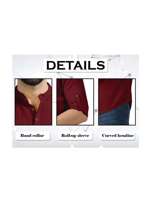 Men's_Maroon_Short_Kurta_With_Band_Collar_And_Roll-Up_Sleeves