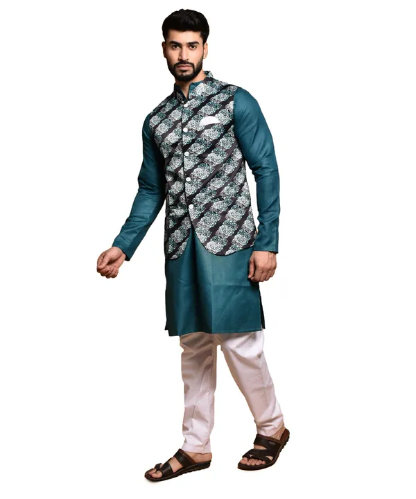 Men's_Teal_Silk_Kurta_With_Embroidered_Nehru_Jacket_Set
