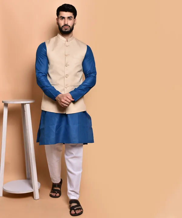 Men's_Ethnic_Nehru_Jacket_With_Kurta_Set_-_Beige_And_Blue