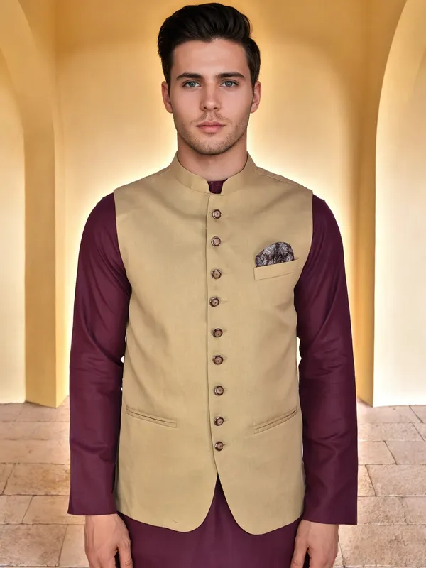 Beige_Nehru_Jacket_With_Maroon_Kurta_Pajama_Set_For_Men