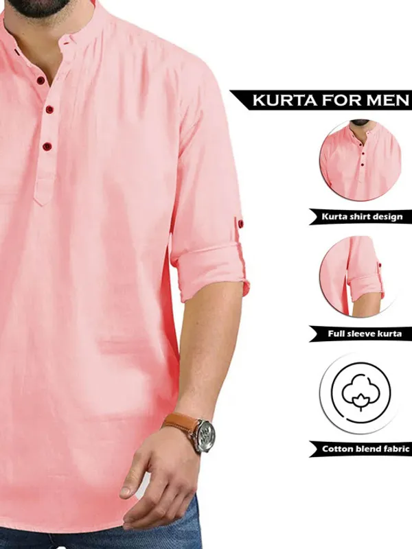 Men's_Pink_Band_Collar_Cotton_Shirt_With_Roll-Up_Sleeves