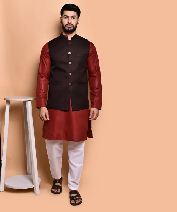 Men's_Ethnic_Nehru_Jacket_Set_-_Maroon_Kurta_With_Black_Waistcoat