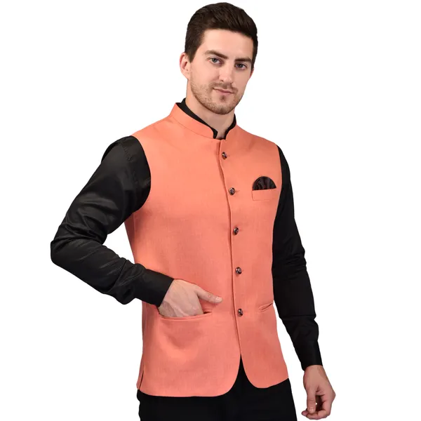Peach_Nehru_Jacket_With_Black_Contrast_Collar_And_Pocket_Square