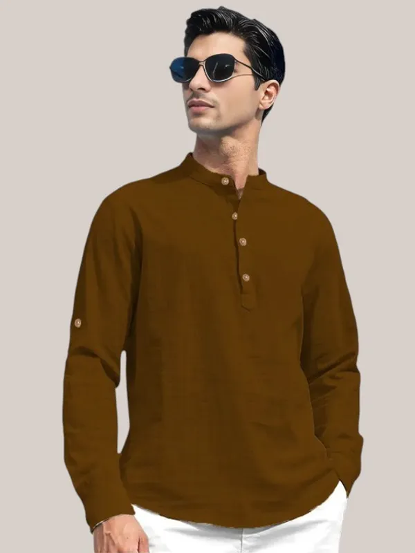 Men's_Mustard_Brown_Long_Sleeve_Henley_Shirt_-_Casual_Cotton_Shirt_With_Button_Placket