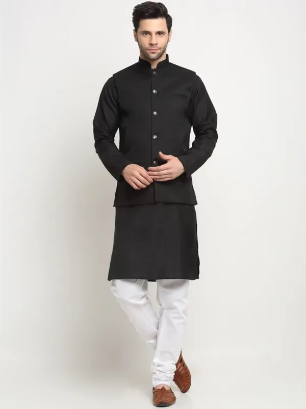 Men's_Black_Kurta_Set_With_Jacket_And_White_Churidar