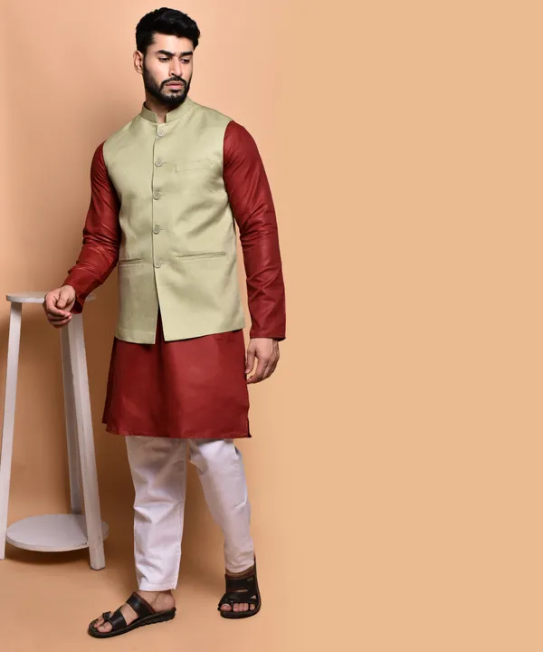 Men's_Ethnic_Kurta_Pajama_Set_With_Nehru_Jacket_-_Maroon_And_Beige