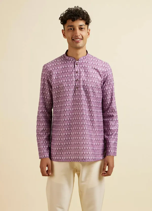 Purple_Printed_Cotton_Short_Kurta_For_Men