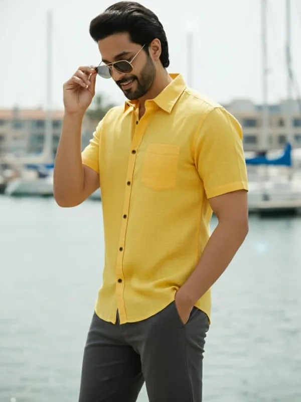 Men's_Yellow_Half_Sleeve_Casual_Shirt_With_Black_Buttons