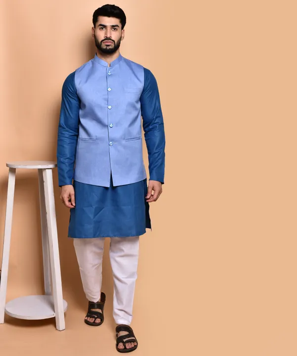 Men's_Blue_Cotton_Blend_Nehru_Jacket_With_Kurta_Set