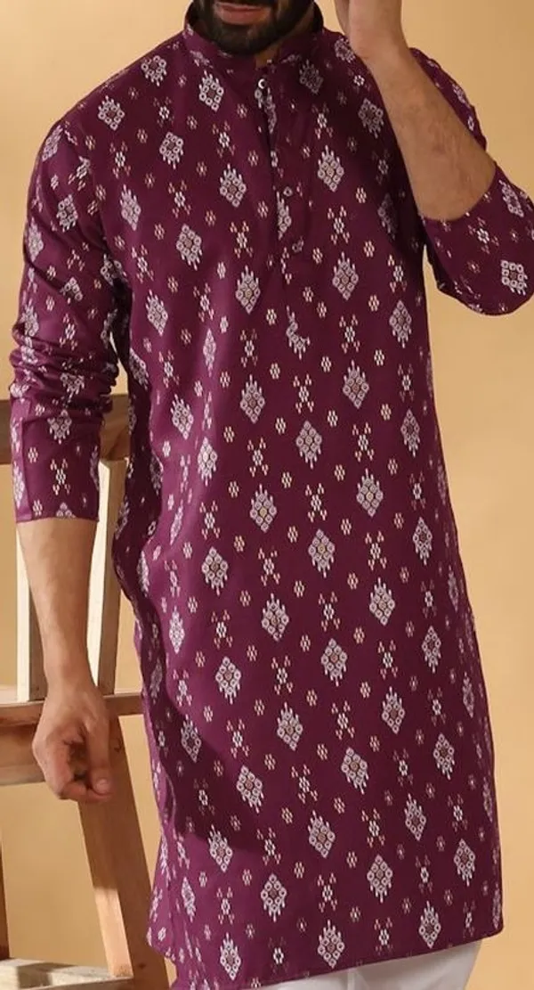 Men's_Maroon_Printed_Cotton_Kurta_With_Mandarin_Collar