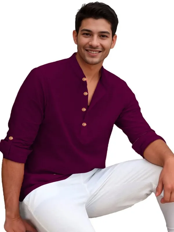 Men's_Maroon_Long_Sleeve_Cotton_Shirt_With_Mandarin_Collar