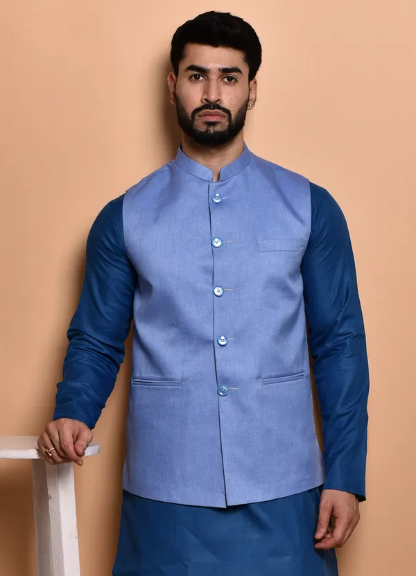 Men's_Blue_Cotton_Blend_Nehru_Jacket_With_Kurta_Set
