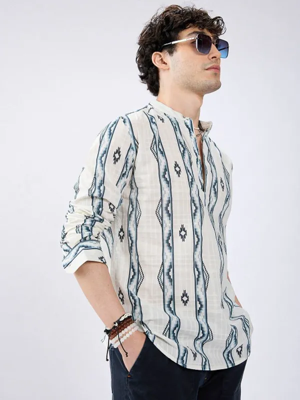 Men's_Ethnic_Print_Long_Sleeve_Casual_Shirt_-_Cream_&_Teal_Geometric_Pattern