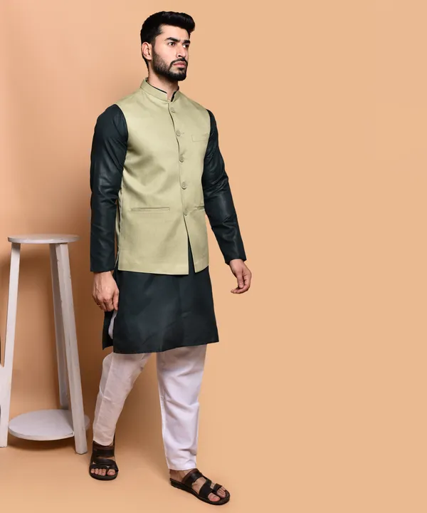 Men's_Ethnic_Nehru_Jacket_With_Kurta_Pajama_Set_-_Pista_Green_&_Black