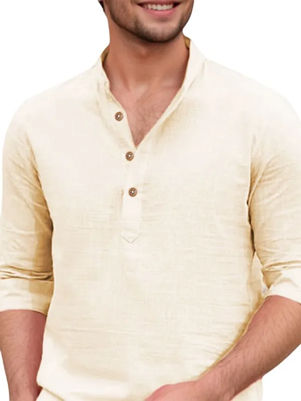 Men's_Beige_Linen_Blend_Long_Sleeve_Casual_Shirt_With_Mandarin_Collar