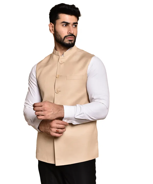 Men's_Beige_Nehru_Jacket_With_Mandarin_Collar_And_Button_Closure