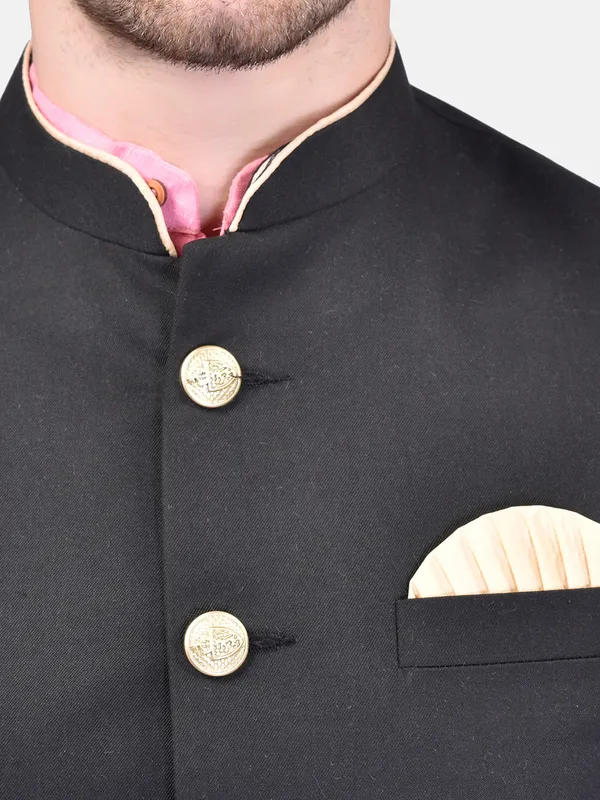 Pink_Kurta_With_Black_Nehru_Jacket_And_White_Churidar_Set_For_Men