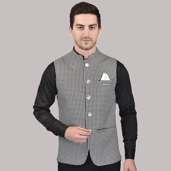 Men's_Black_And_White_Houndstooth_Nehru_Jacket_With_Pocket_Square