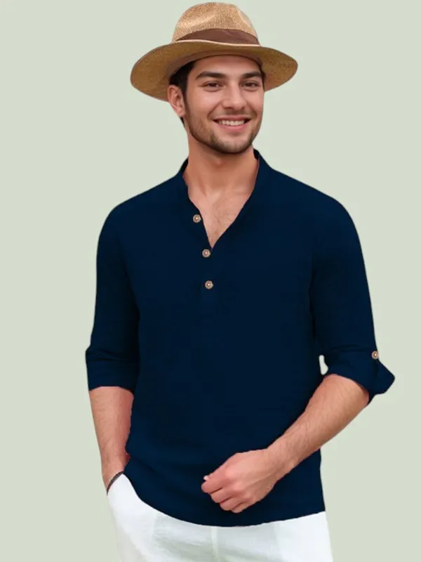 Men's_Navy_Blue_Cotton_Linen_Mandarin_Collar_Casual_Shirt