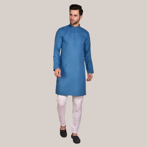 Men's_Blue_Cotton_Kurta_With_White_Pajama_Set_-_Traditional_Ethnic_Wear