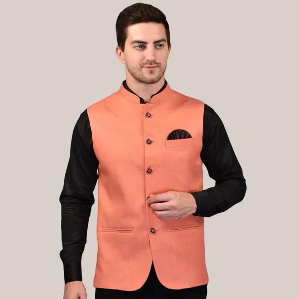 Peach_Nehru_Jacket_With_Black_Contrast_Collar_And_Pocket_Square