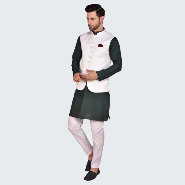 Men's_Ethnic_Nehru_Jacket_Kurta_Set_-_White_Jacket_With_Green_Kurta_Pajama