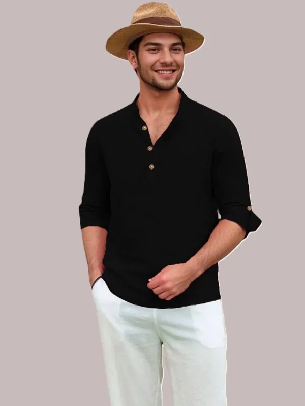 Men's_Black_Full_Sleeve_Cotton_Kurta_Shirt_With_Mandarin_Collar