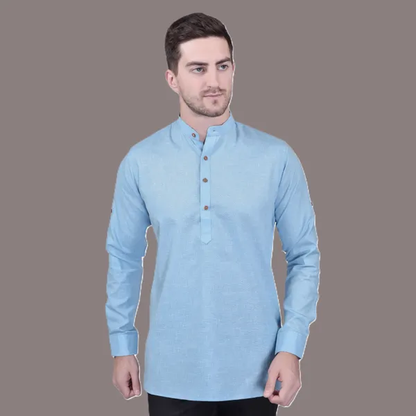 Men's_Light_Blue_Cotton_Kurta_With_Mandarin_Collar
