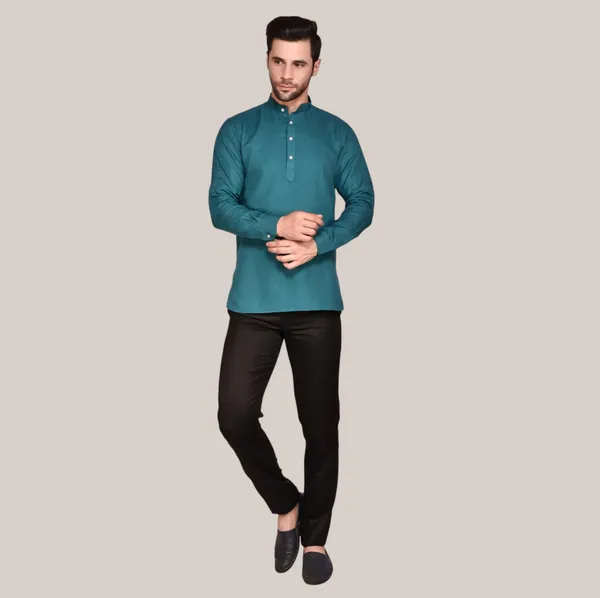 Men's_Teal_Green_Short_Kurta_With_Mandarin_Collar