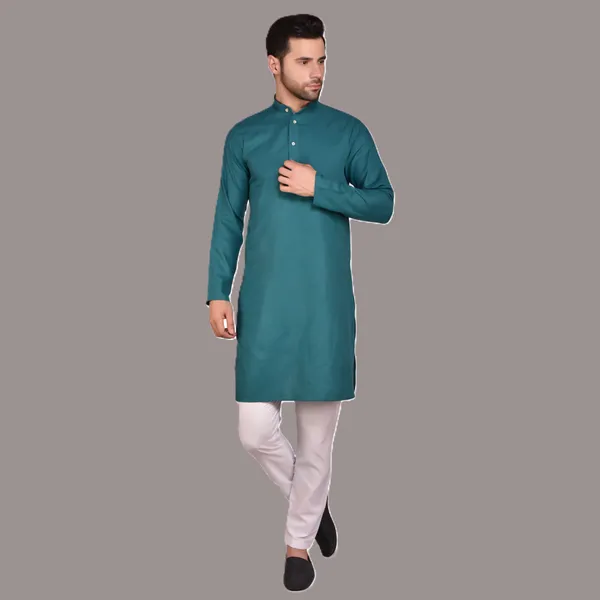 Men's_Teal_Blue_Cotton_Kurta_With_White_Pajama_Set_-_Ethnic_Wear