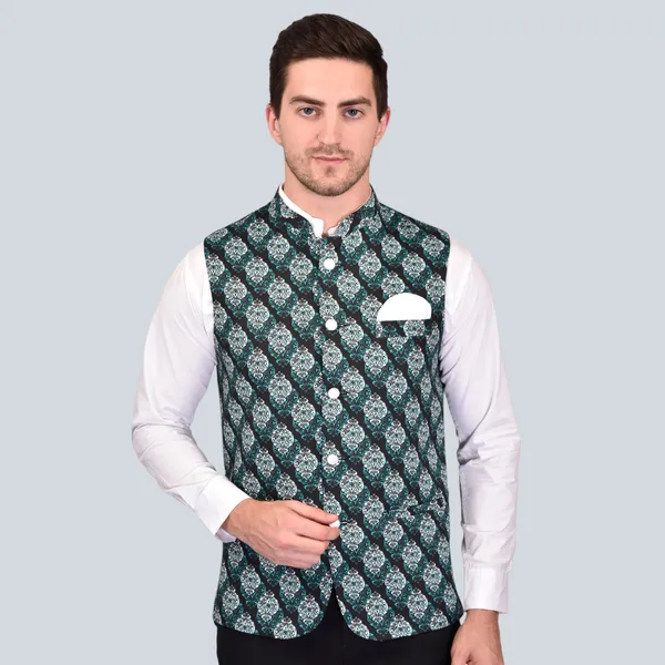 Men's_Green_Printed_Nehru_Jacket_With_White_Pocket_Square