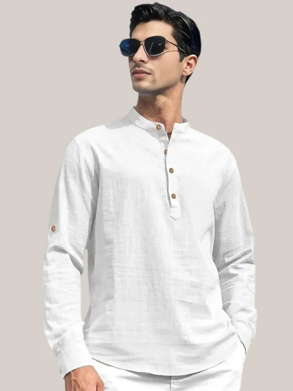 Men's_White_Linen_Kurta_With_Mandarin_Collar_And_Button_Details