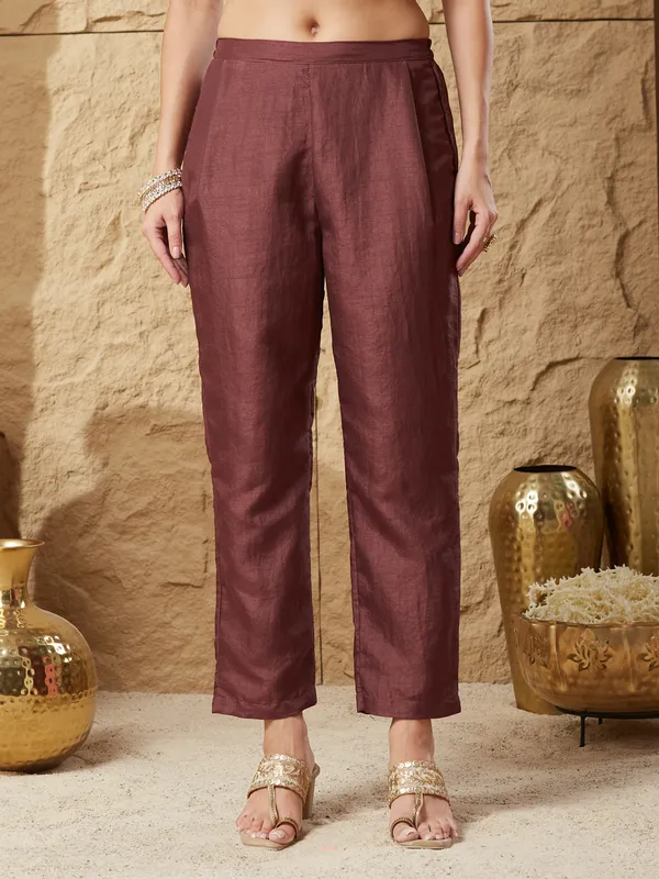 Coffee_Silk_Blend_Embroidered_Kurta_Set_With_Dupatta_For_Women