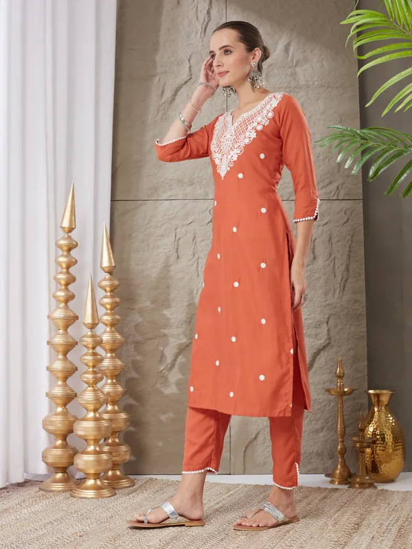 Orange_Cotton_Blend_Embroidered_Kurta_Set_For_Women