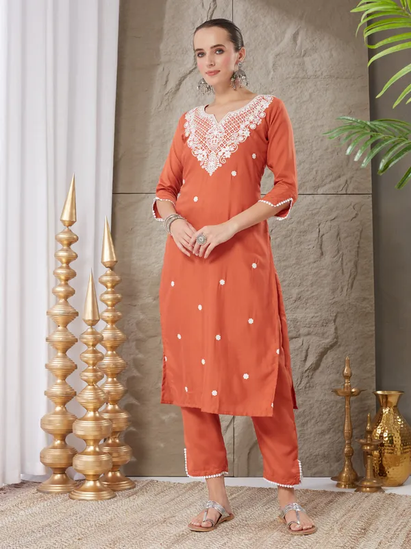 Orange_Cotton_Blend_Embroidered_Kurta_Set_For_Women
