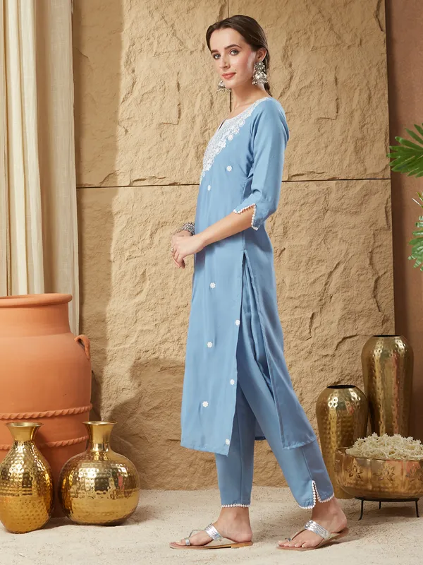Sky_Blue_Cotton_Blend_Embroidered_Kurta_Set_For_Women