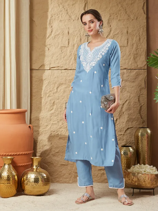 Sky_Blue_Cotton_Blend_Embroidered_Kurta_Set_For_Women