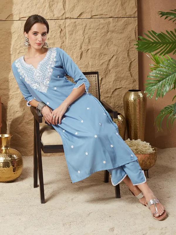 Sky_Blue_Cotton_Blend_Embroidered_Kurta_Set_For_Women