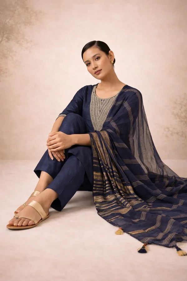 Navy_Blue_Silk_Blend_Kurta,_Pant_And_Dupatta_Set_For_Women