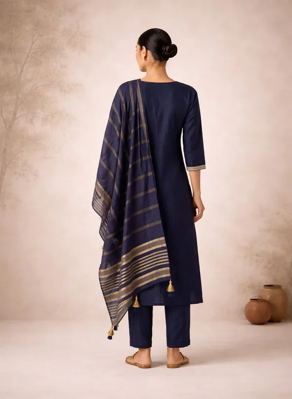 Navy_Blue_Silk_Blend_Kurta,_Pant_And_Dupatta_Set_For_Women