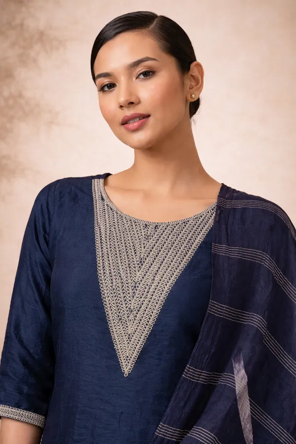 Navy_Blue_Silk_Blend_Kurta,_Pant_And_Dupatta_Set_For_Women