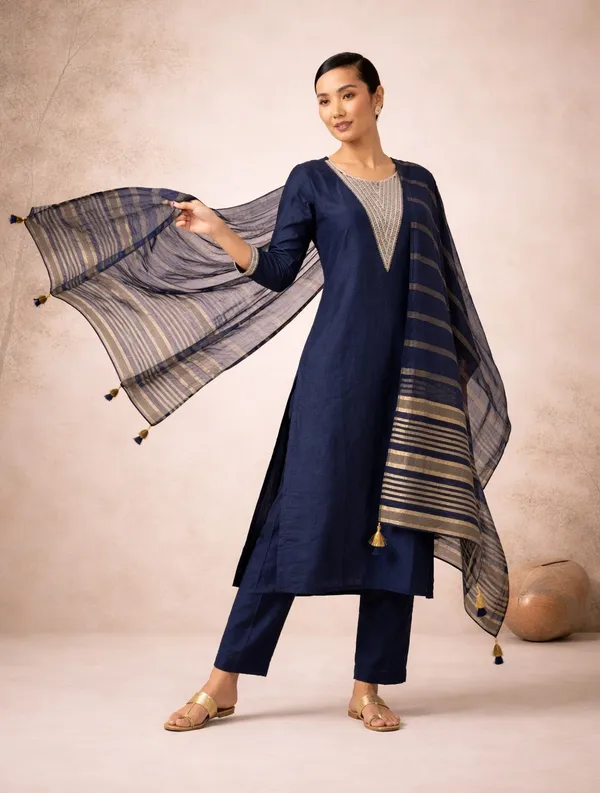 Navy_Blue_Silk_Blend_Kurta,_Pant_And_Dupatta_Set_For_Women