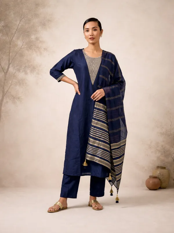 Navy_Blue_Silk_Blend_Kurta,_Pant_And_Dupatta_Set_For_Women